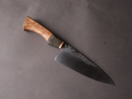 Zay Knives - 1084 Carbon - Chef Knife - Copper Bolster, Black Dyed Maple, & Birdseye Maple Handle Fashion