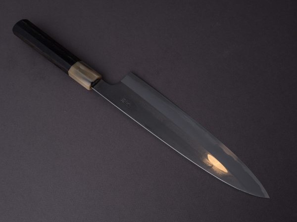 Hitohira - Togashi - Blue #1 Stainless Clad - Mirror Polished - 240mm Gyuto - Tahei Makassar Ebony Handle For Sale