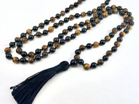 Tiger s Eye & Black Obsidian Knotted 108 Bead Mala - 8mm Online Hot Sale