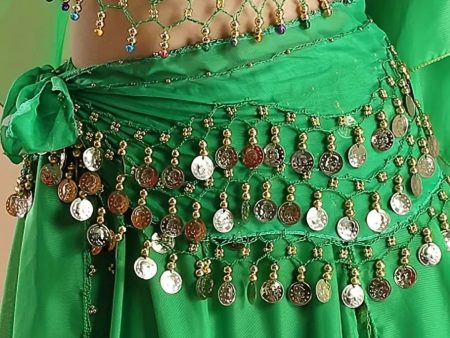 Belly Dance, Hip Scarf, Coin Skirt - Green Gold Coins Fashion