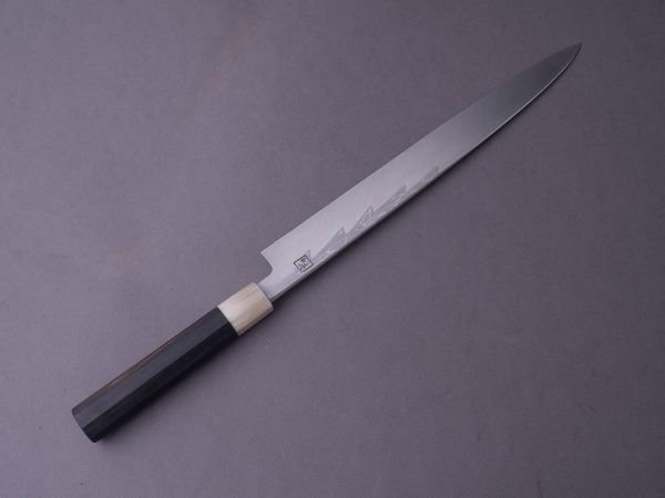 Hitohira - Kikuchiyo x Mosuke - White #1 Enmon Damascus - 300mm Yanagiba - Ebony Handle - Mirror Polished - Saya For Cheap