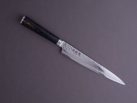 RYUSEN - TANGANRYU - VG10 - Tsuchime Damascus - Sujihiki - 240mm - Black Micarta Hybrid Handle For Sale