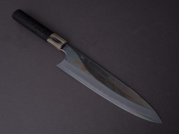 Hitohira - Togashi - Blue #1 Stainless Clad - Mirror Polished - 240mm Gyuto - Tahei Makassar Ebony Handle For Sale