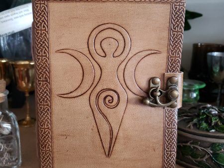 Triple Moon Goddess Embossed Blonde Leather Journal w  latch 5 x 7  (Maiden, Mother, Crone) Online Sale