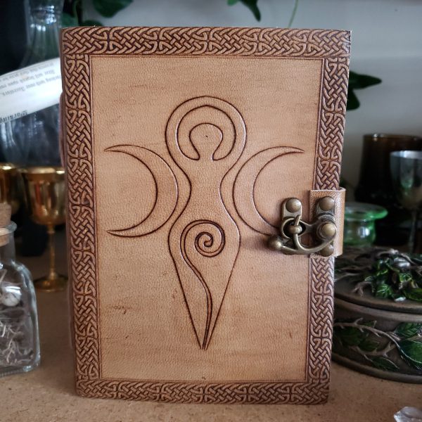 Triple Moon Goddess Embossed Blonde Leather Journal w  latch 5 x 7  (Maiden, Mother, Crone) Online Sale