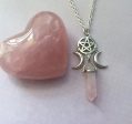 Rose Quartz Point with Pentacle and Two Moons Necklace For Discount