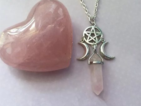 Rose Quartz Point with Pentacle and Two Moons Necklace For Discount