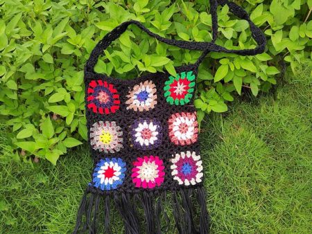 Black Crochet Boho Shoulder Bag Handbag Boho For Cheap