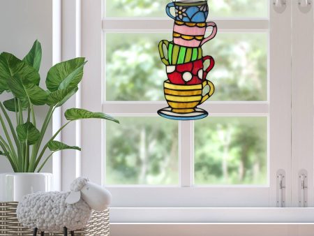 Colorful Stacked Teacups Stained Glass Window Panel 10 1 4   H Cheap