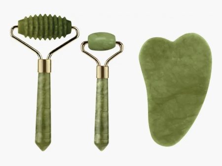 3-in-1 Jade Facial Kit - Textured Roller & Mini Eye Roller & Gua Sha Online now