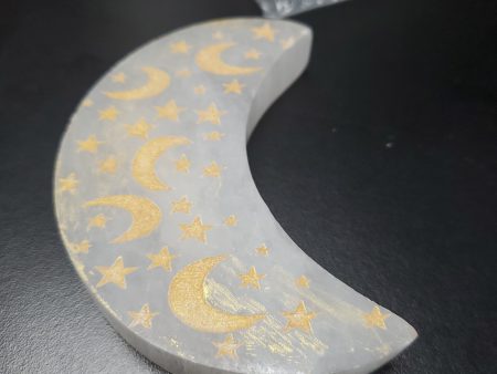 Selenite Moon with Engraved Gold Moon and Stars Cheap