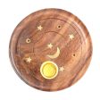 Wooden Star and Moon Round Cone and Stick Incense Holder with Brass Inlay on Sale