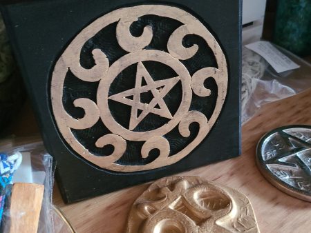 Black Wood Altar Table Gold Washed Pentacle on Sale