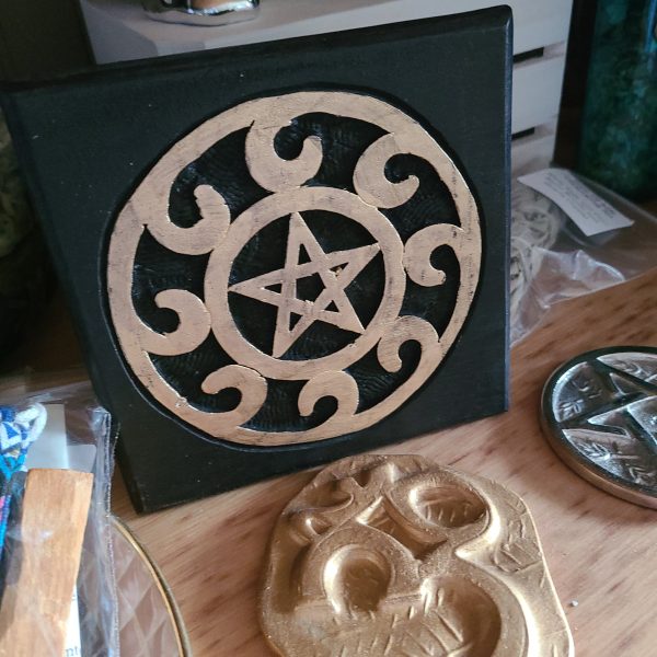 Black Wood Altar Table Gold Washed Pentacle on Sale