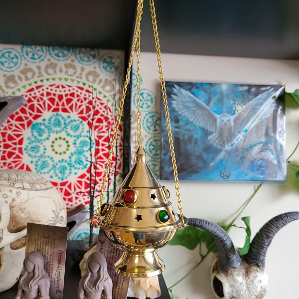 Brass Hanging Incense Burner with Beading - Med Cheap